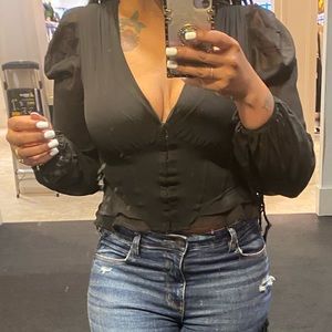 Black Shirt Sheer Bubble Sleeves Corset Waist